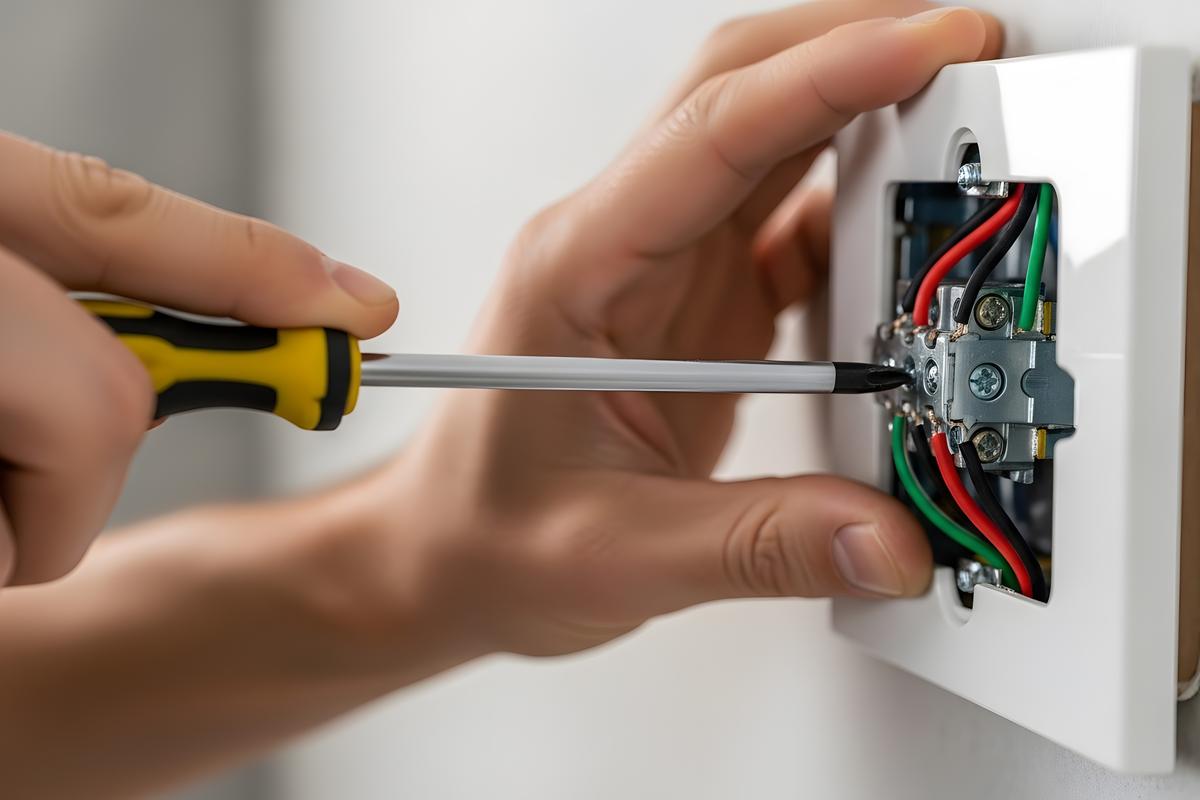 Electrician installing a light switch with a screwdriver