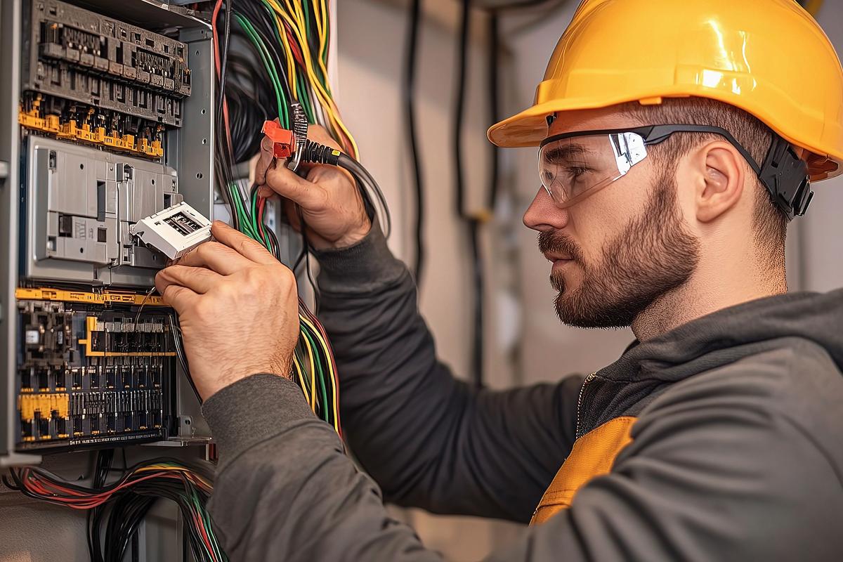 Electrician testing wiring inside an electrical panel
