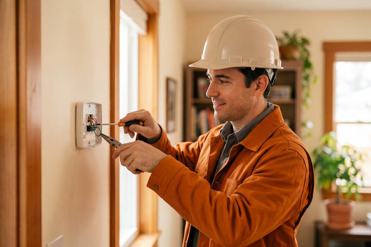 Electrician installing a wall-mounted device in a home hallway