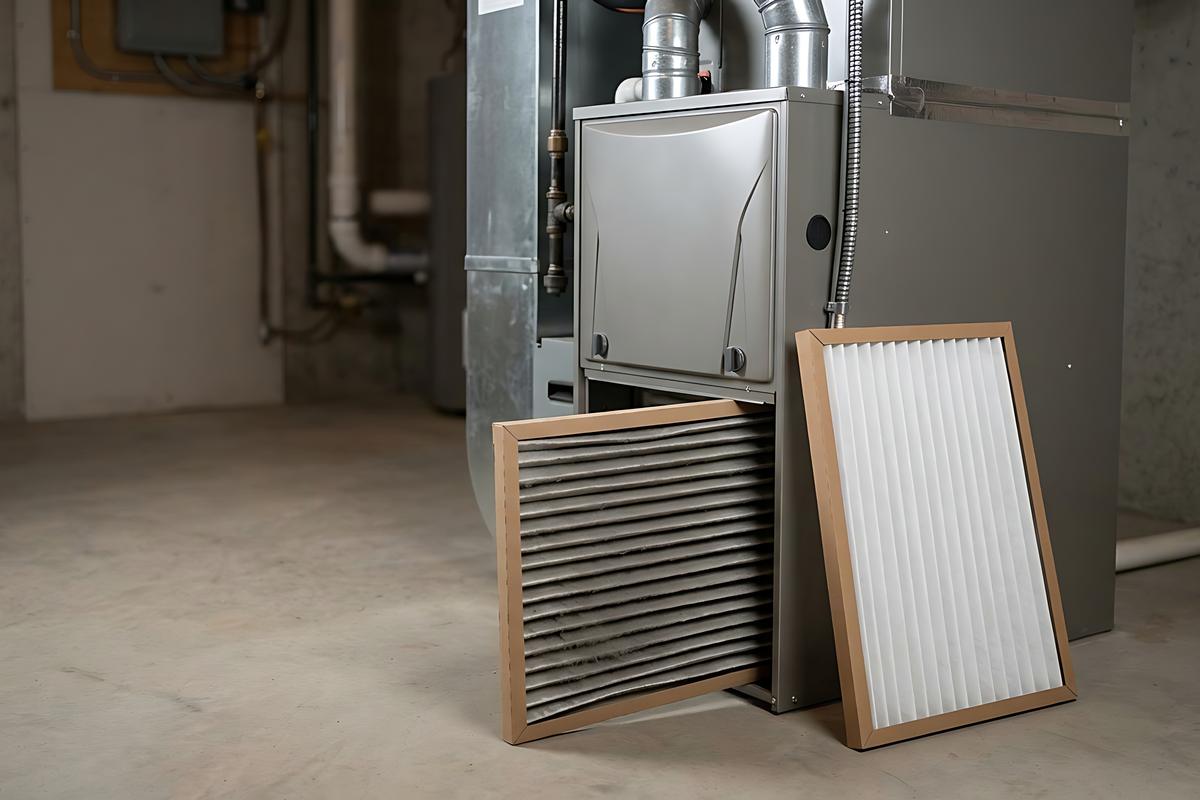 New and used furnace air filters leaning against a furnace in a basement