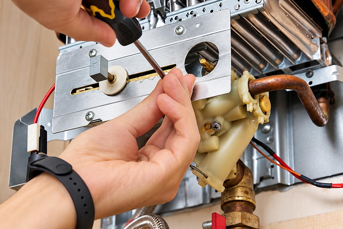 Technician repairing the gas valve of a tankless water heater