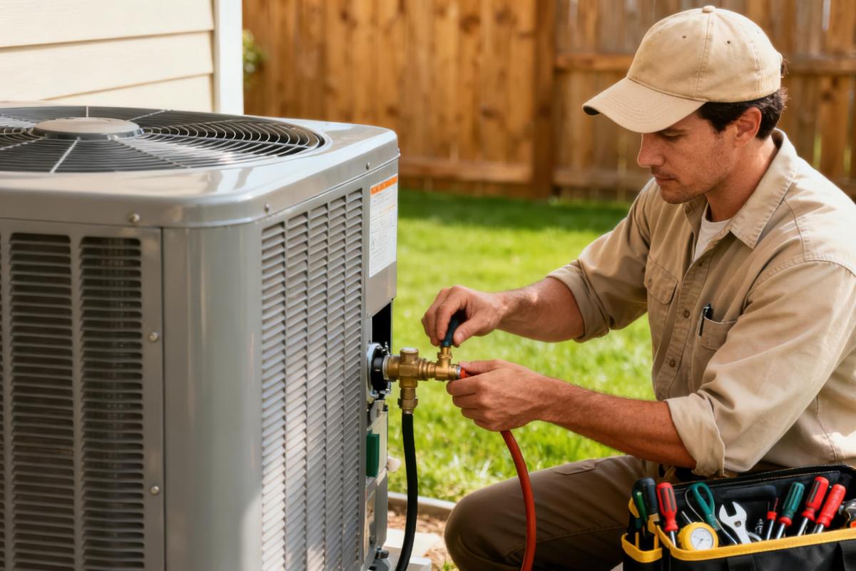 Technician checking refrigerant pressure on a residential air conditioner