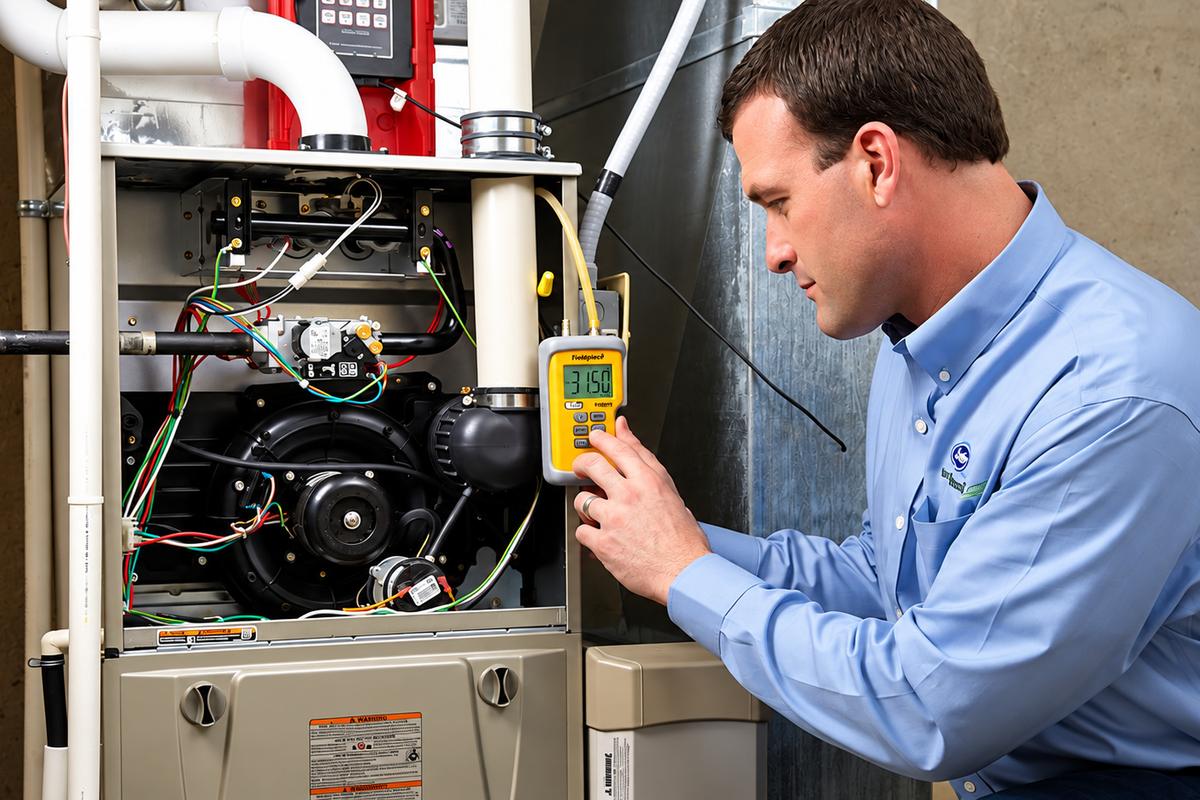 Technician checking a furnace control with a digital meter during a tune-up
