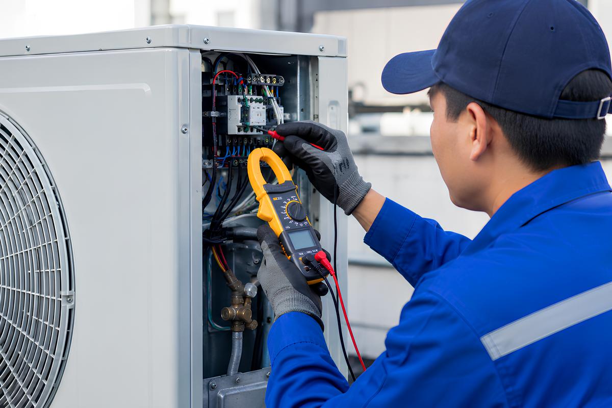 Technician testing a ductless mini-split outdoor unit with a clamp meter