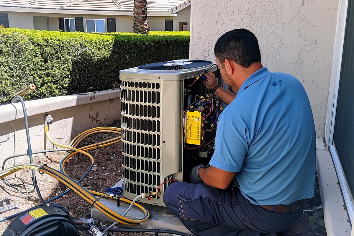 Technician servicing an outdoor air conditioner unit