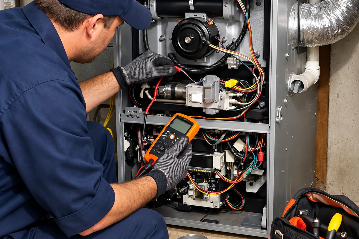 Technician testing furnace components with a multimeter